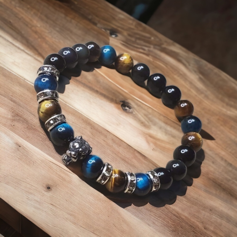 Handmade Gemstone Bracelet - Strass - Natural and Teal Tiger's Eye